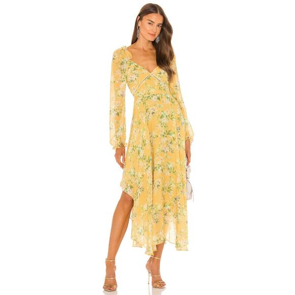 Sau Lee Georgia Long Sleeve V-Neck Floral Asymmetrical Hem Midi Dress Yellow-2 - Picture 2 of 9